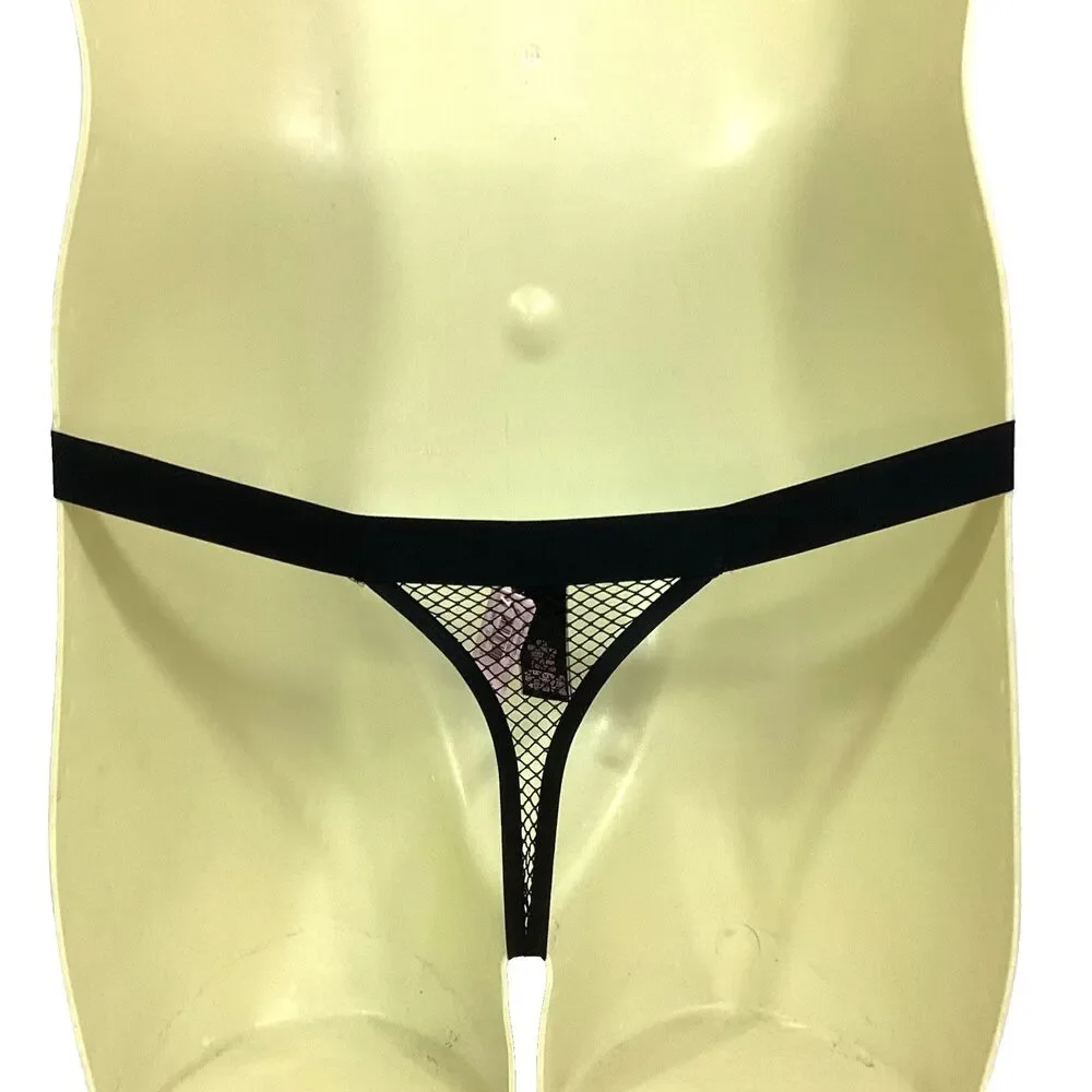 Victorias Secret Very Sexy Thong String Small/Petite Black Fishnet Gold Hardware